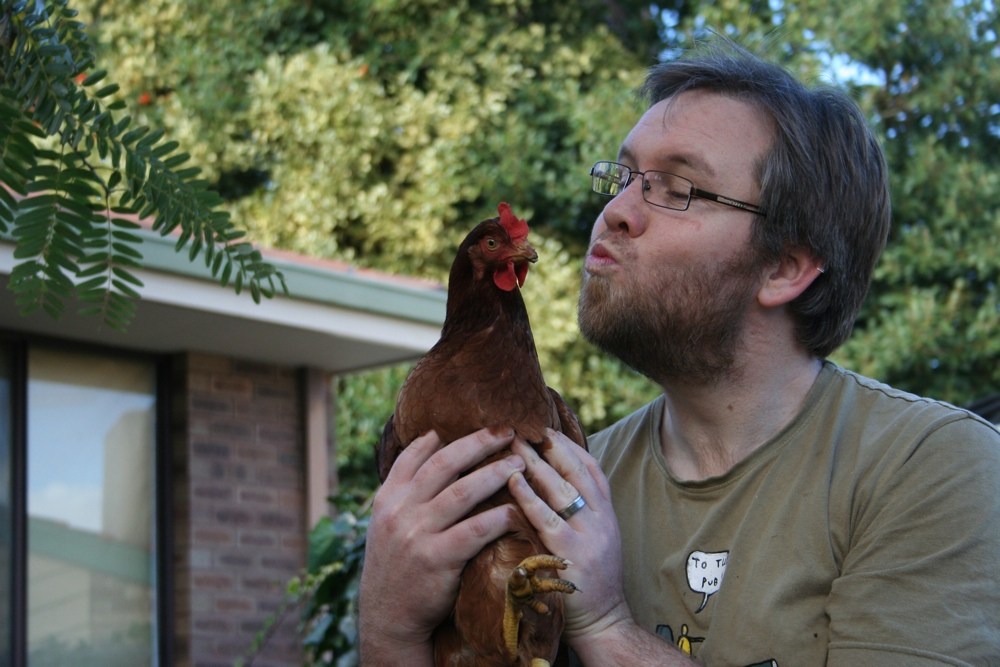 Me giving a hen a smooch